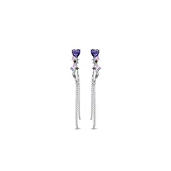 Brinco Banho De Rodio Coração Lilas Com Zircônias Coloridas Penduradas