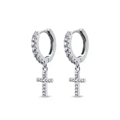 Brinco Prata Rodinado Argola Click Cruz Com Zircônias