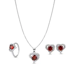 Conjunto Prata Rodio Zircônia Coração Vermelho