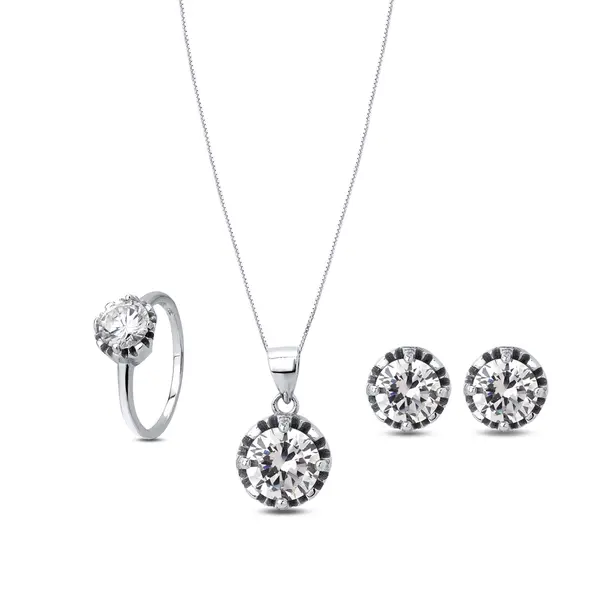 Conjunto Prata Rodio Zircônia Branca Redondo