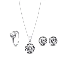 Conjunto Prata Rodio Zircônia Branca Redondo