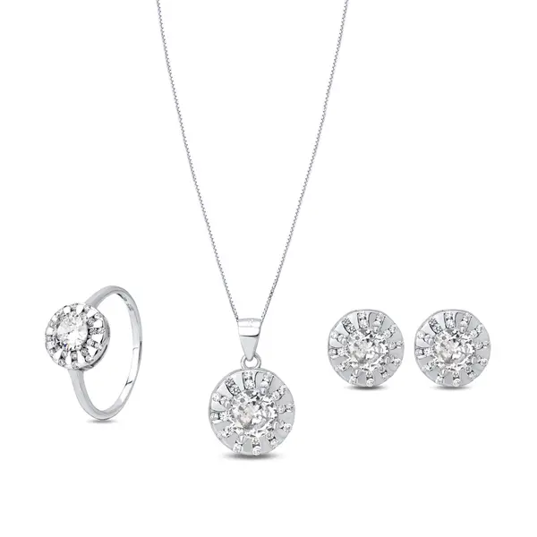 Conjunto Prata Rodio Zircônia Branca Redondo