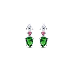 Brinco Prata Pedra Verde Rosa E Branca Rosa