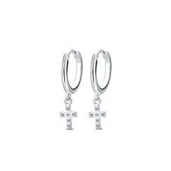 Brinco Prata Zircônias Com Cruz Argola Click