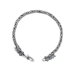 Pulseira Prata Bali Masculina Ponto Peruano Fecho Dragão 21cm 4mm