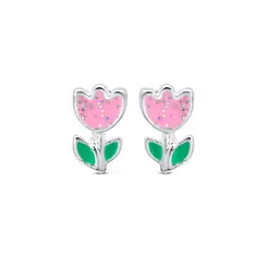 Brinco Prata Leve Infantil Flor Esmaltada Rosa