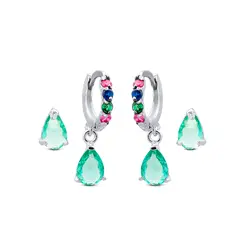 Brinco Prata Duplo Com Zircônias Coloridas