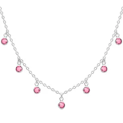 Colar Prata Leve Zircônias Rosa Penduradas