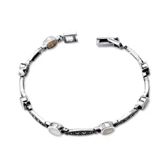 Pulseira Prata Envelhecida Oval Com Madrepérola E Marcassitas