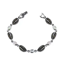 Pulseira Prata Envelhecida Folhas Marcassitas Com Madrepérola