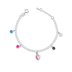 Pulseira Prata Leve Infantil Pingentes Unicornio E Flores Coloridas