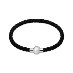 Pulseira Aço Com Couro e Brilho Masculina Fecho Imã 21cm
