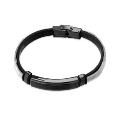 Pulseira Aço Masculina Placa Carbonada Com Couro 21cm