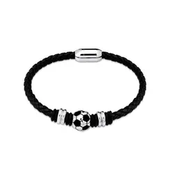 Pulseira Aço Com Couro Masculina Bola de Futebol Fecho Imã 21cm