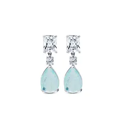 Brinco Banho Ródio Zircônias Branca Quadrada Com Gota De Cristal Fusion Azul