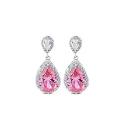 Brinco Banho Ródio Zircônias Brancas Com Gota Rosa Grande