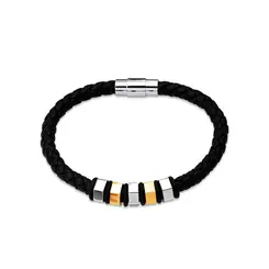Pulseira Aço Dourado Com Couro Masculina Fecho Imã 20cm
