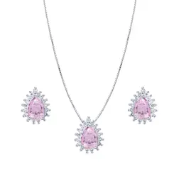 Conjunto Prata leve Gota Com Zircônias Rosa