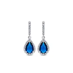 Brinco Banho Ródio Zircônias Brancas Com Gota Azul Escura