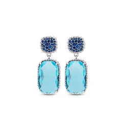 Brinco Banho Ródio Zircônias Azul E Cristal Azul Oval G