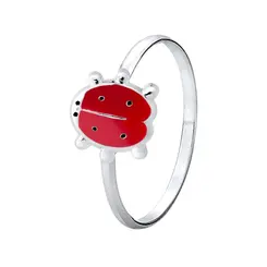 Anel Prata Infantil Joaninha Vermelha Esmaltado Vermelho