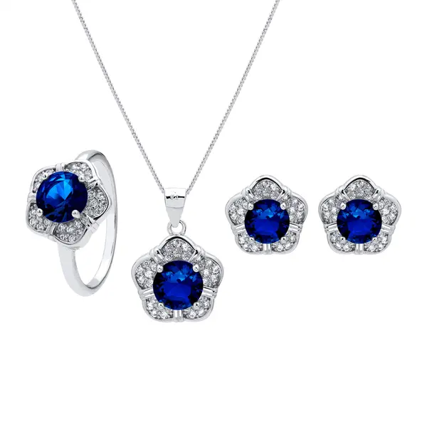 Conjunto Prata Rodinada Zircônia Azul
