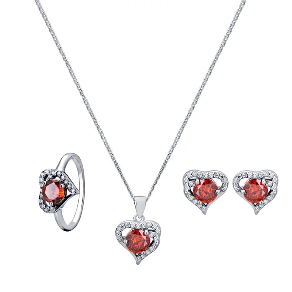 Conjunto Prata Rodio Zircônia Coração Vermelho