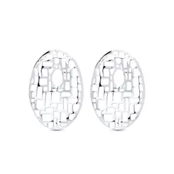 Brinco Prata Leve Oval Liso Vazado Com Detalhes Retangular