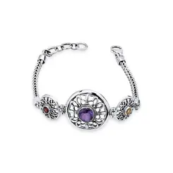 Pulseira Prata Envelhecida Circulos Com Pedra De Citrino/Ametista /Rubi
