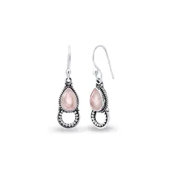 Brinco Prata Gancho Detalhes Envelhecido Quartzo Rosa