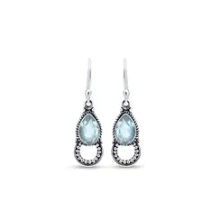 Brinco Prata Gancho Detalhes Envelhecido Pedra Natural Topázio Azul
