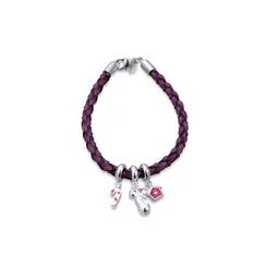 Pulseira Prata Infantil Couro Lilas Pingentes Esmaltado