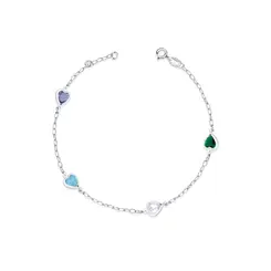 Pulseira Prata Com Corações Espaçados De Zircônias Coloridas