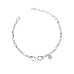 Pulseira Prata leve Infinito E Coração Com Zircônias