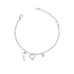 Pulseira Prata leve Love Coração Com Zircônias