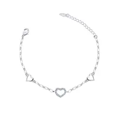Pulseira Prata Leve Corações Lisos E Com Zircônias