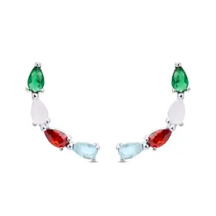 Brinco Prata Leve Ear Cuff Com Zircônias Colorido