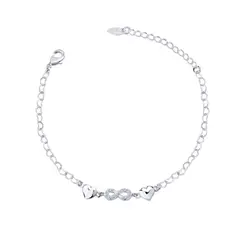 Pulseira Prata Leve Infinito Com Zircônias E Corações Lisos