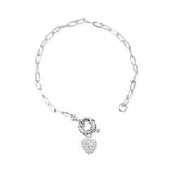 Pulseira Prata Leve Malha Cartier Com Coração Cravejado de Zircônias