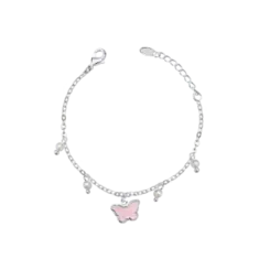 Pulseira Prata Leve Infantil Borboleta Esmaltada Rosa