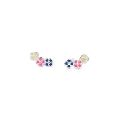 Brinco Prata Leve Infantil Três Flores Coloridas