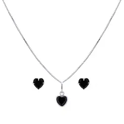 Conjunto Prata Coração Zircônia Pequena Colorida Preto