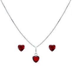 Conjunto Prata Coração Zircônia Pequena Colorida Vermelho