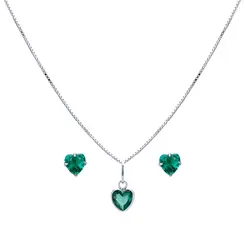 Conjunto Prata Coração Zircônia Pequena Colorida Verde