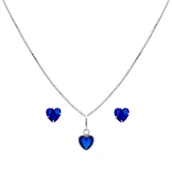 Conjunto Prata Coração Zircônia Pequena Colorida Azul Escuro