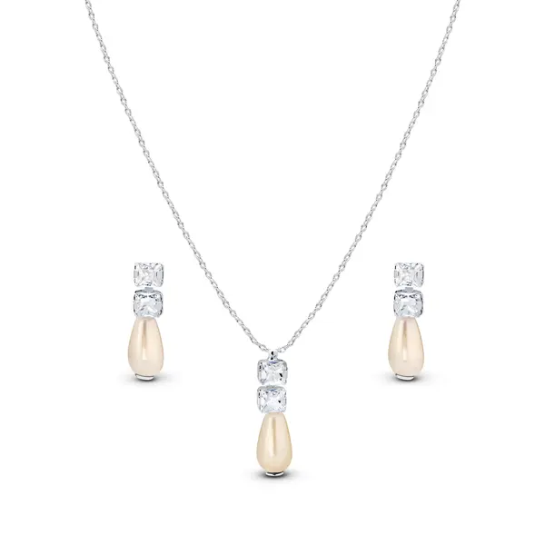 Conjunto Prata Leve Pérola e Duas Zircônias Quadradas