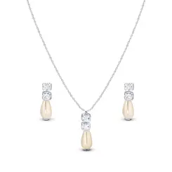 Conjunto Prata Leve Pérola e Duas Zircônias Quadradas