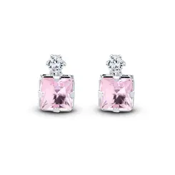Brinco Prata Leve Top Quadrado com Zircônia Rosa Claro