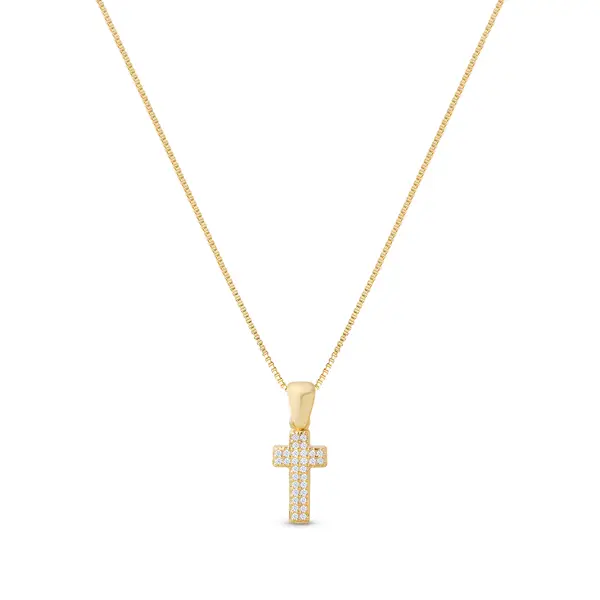 Gargantilha Folheado a Ouro 18k Cruz com Duas Fileiras de Zircônias