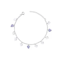 Pulseira Prata Corações Lisos e Zircônias Lilás